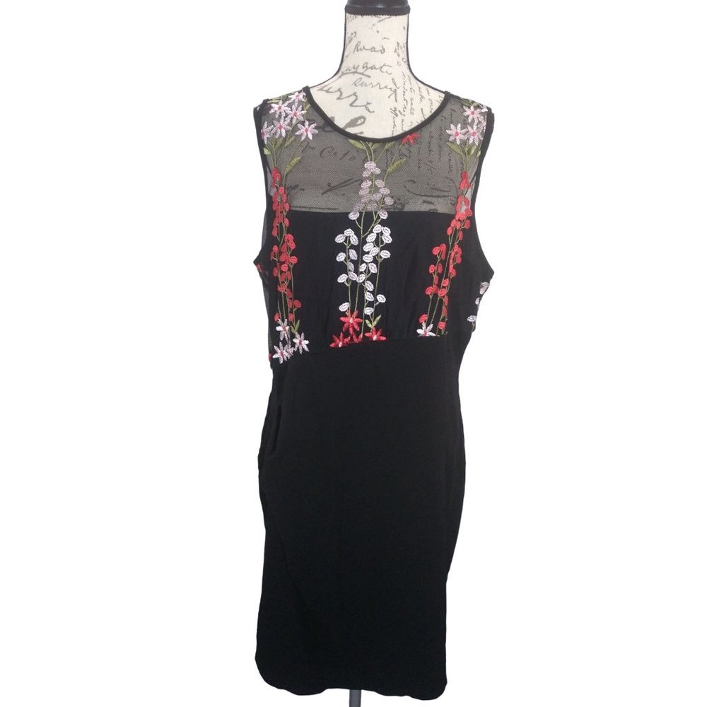 VTG Miss Star USA Sheer Asymetrical Floral Top on Black bodycon style dress XL